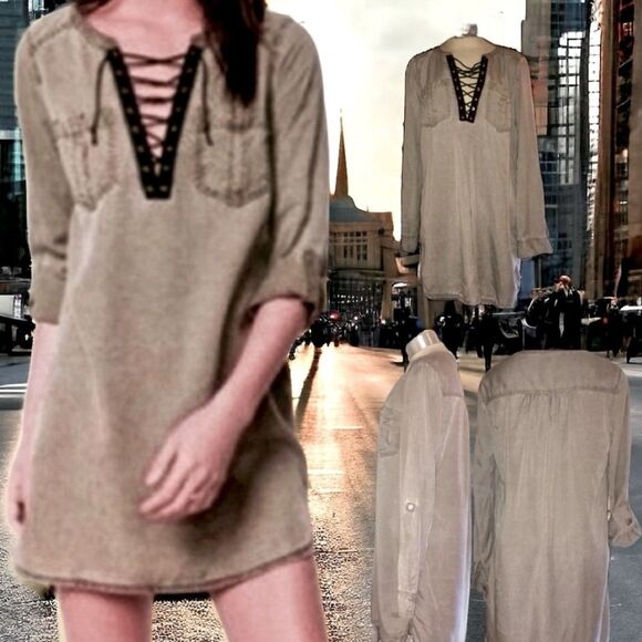 Boho Mini Dress Tunic Express Lace-Up Deep V Shirtdress Eco Friendly Goth S EUC - Picture 1 of 16